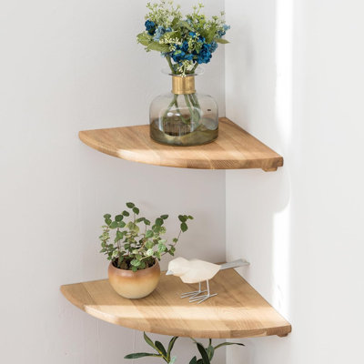 Tablettes d'angle, tablette d'angle flottante, ensemble de 2 tablettes murales en bois de chêne massif de 7 pouces, support mural à bout rond avec tablette en fil de fer pour petite plante dans la cuisine de la chambre à coucher, salon