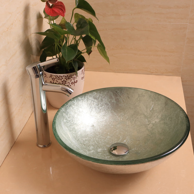 Wonline 16.34'' Tempered Glass Circular Bathroom Sink with Faucet, Silvery/Light Green