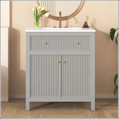 Ensemble de meuble-lavabo moderne 30 po gris avec lavabo en céramique et portes à fermeture douce, grand espace de rangement pour les salles de bain élégantes