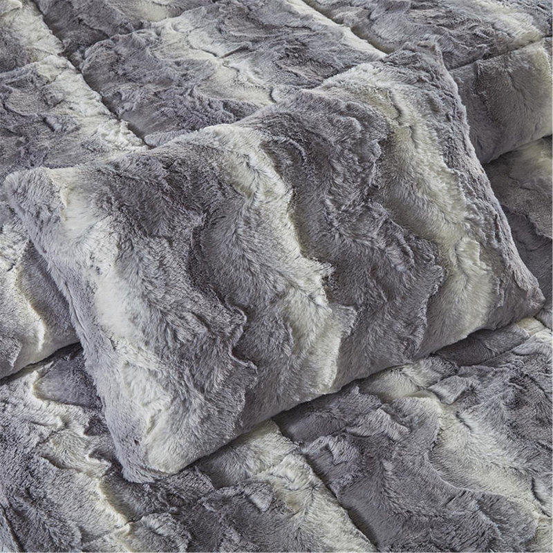 Ensemble d'édredon en fausse fourrure 4 pièces, Édredon double + 3 pièces supplémentaires, Gris