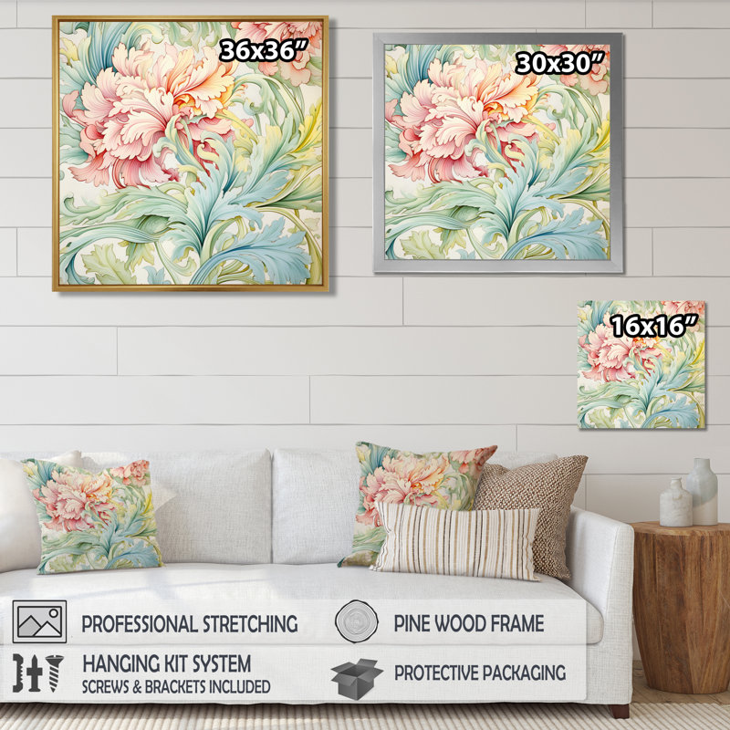 Dahlia pastel botanique en rose pastel et vert - fleurs, art mural, H 30 po x l 30 po x P 1 po