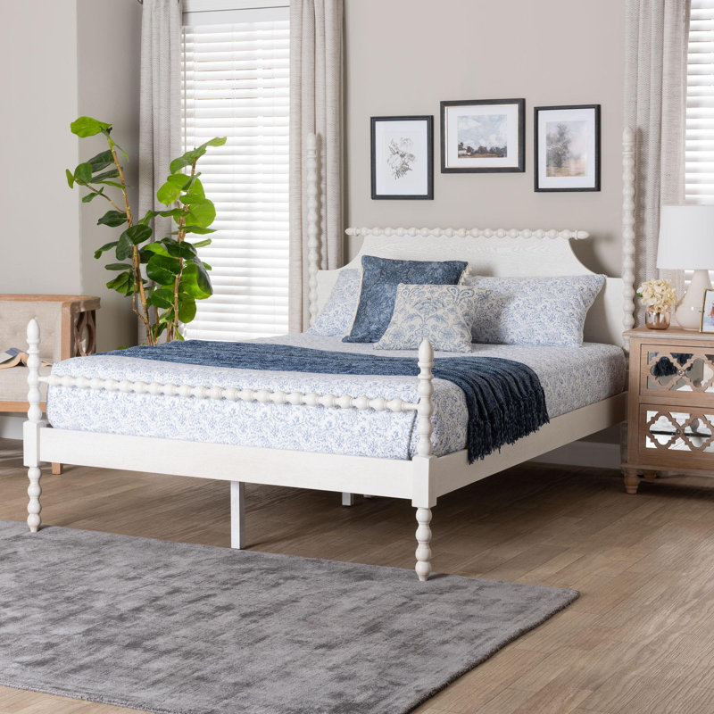 Baxton Studio Caliana Bobbin Four-Poster Platform Bed - Wooden Bed Frame With Turned Spindle Posts And Panel Headboard, Vintage-Inspired Bedroom Furniture, White, King