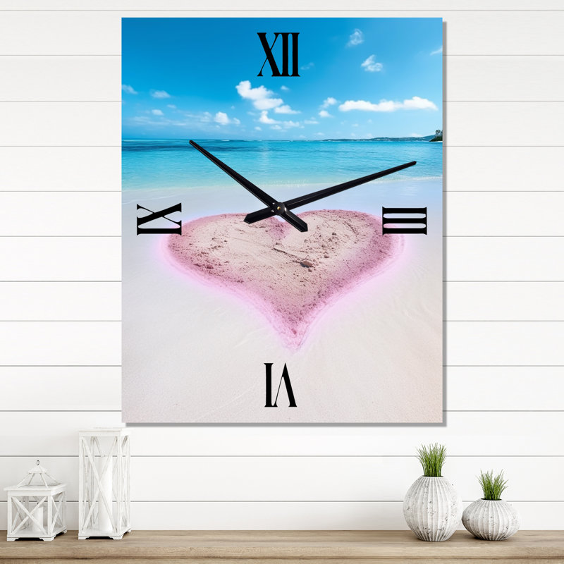 Glorious Pink Heart On Tropical Beach - Horloge murale moderne plage, Très grand
