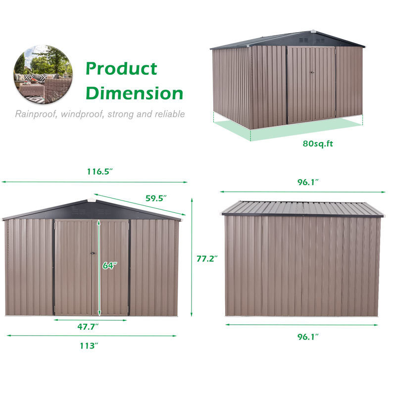 10 ft. W x 8 ft. D Galvanized Steel Storage Shed, Brown