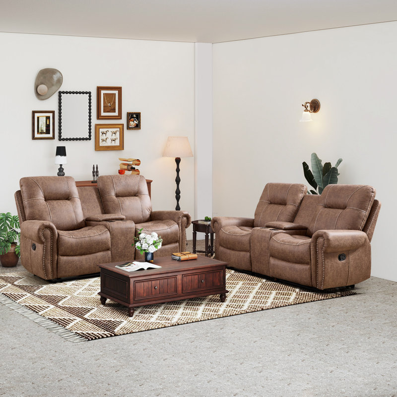 Causeuse inclinable manuelle en microfibre de 76,77 po de largeur avec console centrale et garniture cloutée (ensemble de 2)
