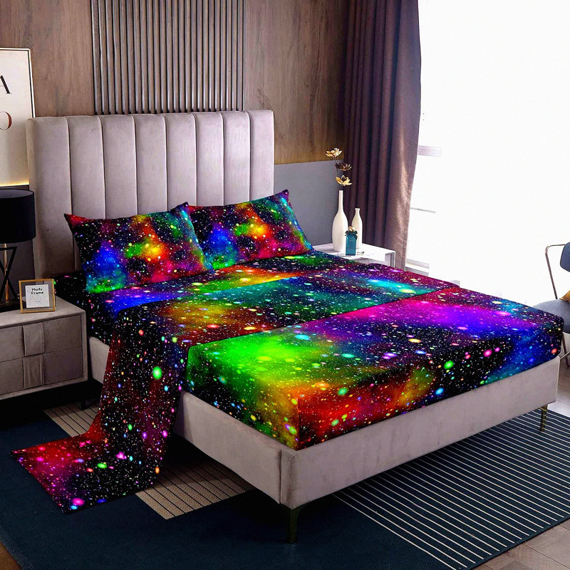Cosmic Nebula Dream Set - Rainbow Galaxy Bed Sheet Size Out Space Bedding with Deep Pockets. Universe 4 Piece Sheet Set includes 1 Flat & 1 Fitted Sheet with 2 Pillow Shams.