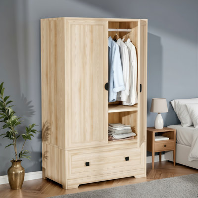 Garde-robe autoportante de couleur chêne: avec portes, tringles, tablettes et tiroirs; Convient aux chambres à coucher et aux dortoirs.