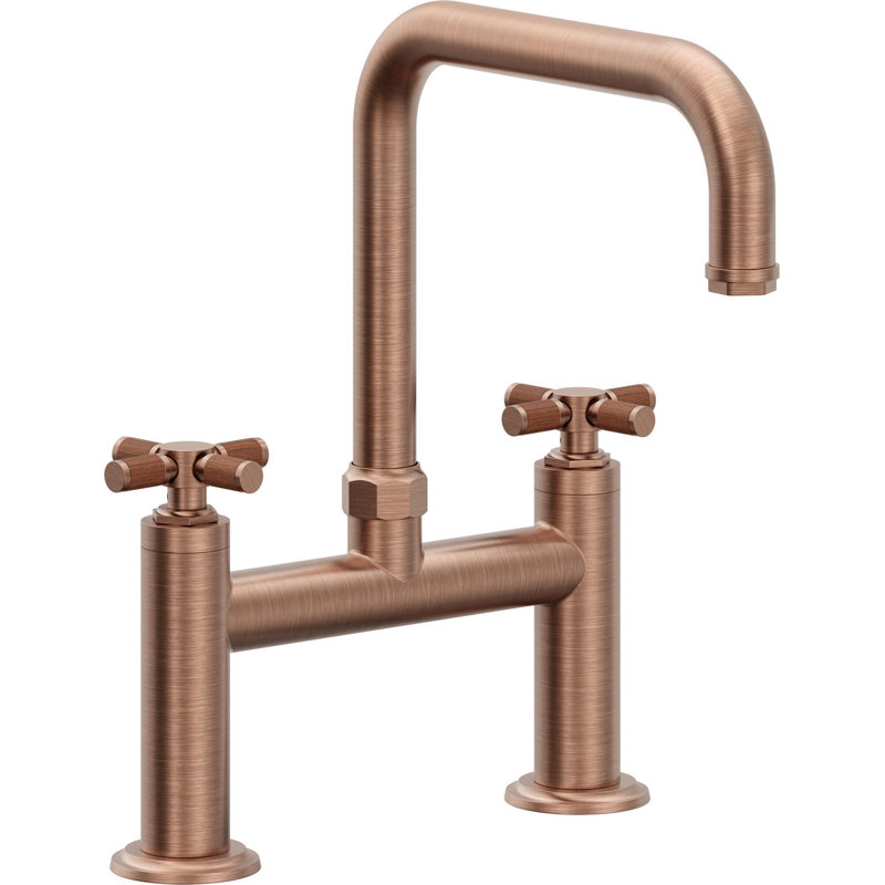 Bridge Kitchen Faucet - Quad Spout, Antique Copper Flat, Without Side Spray, Teak Cross Handle