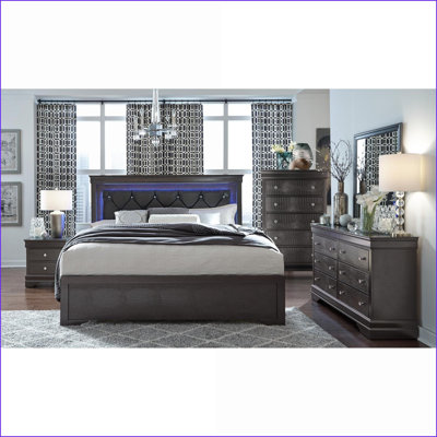 Bedroom Furniture Set Queen 5-Piece Slate Gray with Crystal Tufted Headboard & LED Lighting | Solid Wood+MDF | Double Dressers by Red Barrel Studio