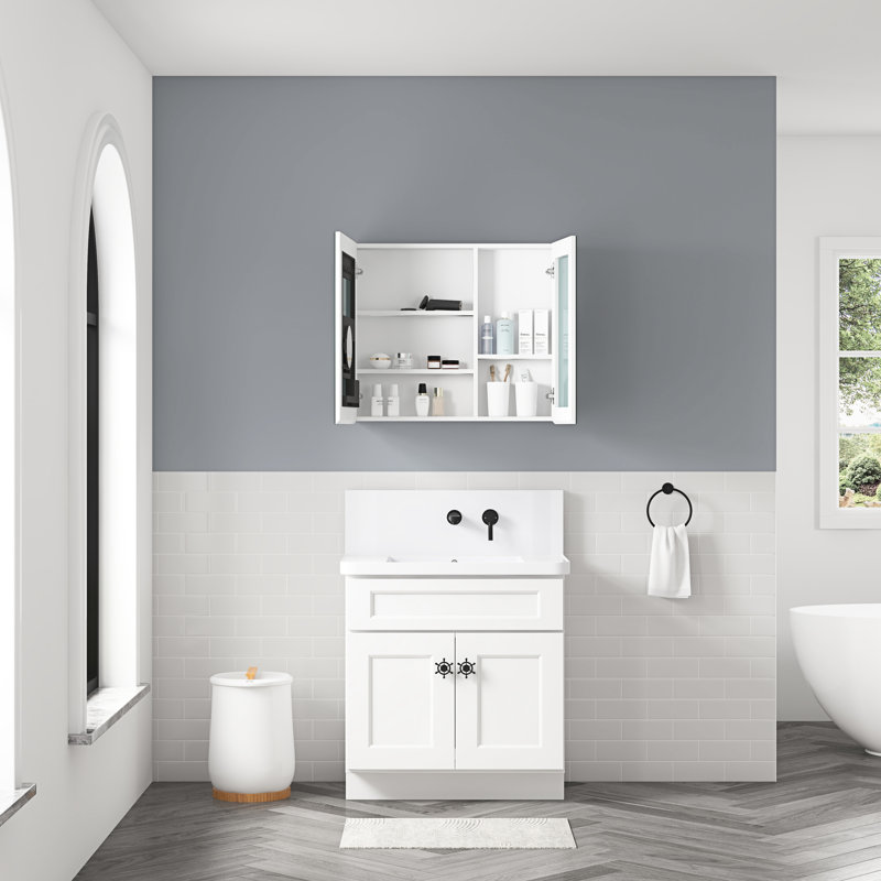 Armoire de salle de bain à miroir murale 30 po en bois d'ingénierie de style blanc 2 en 1 avec maquillage intégré et rangement pour les cheveux ou les brosses à dents encastrées à tablettes multiples