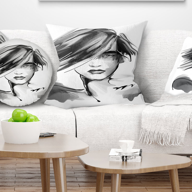 Jeune femme en noir et blanc - coussin imprimé Portrait, 18 po x 18 po, Coussin décoratif