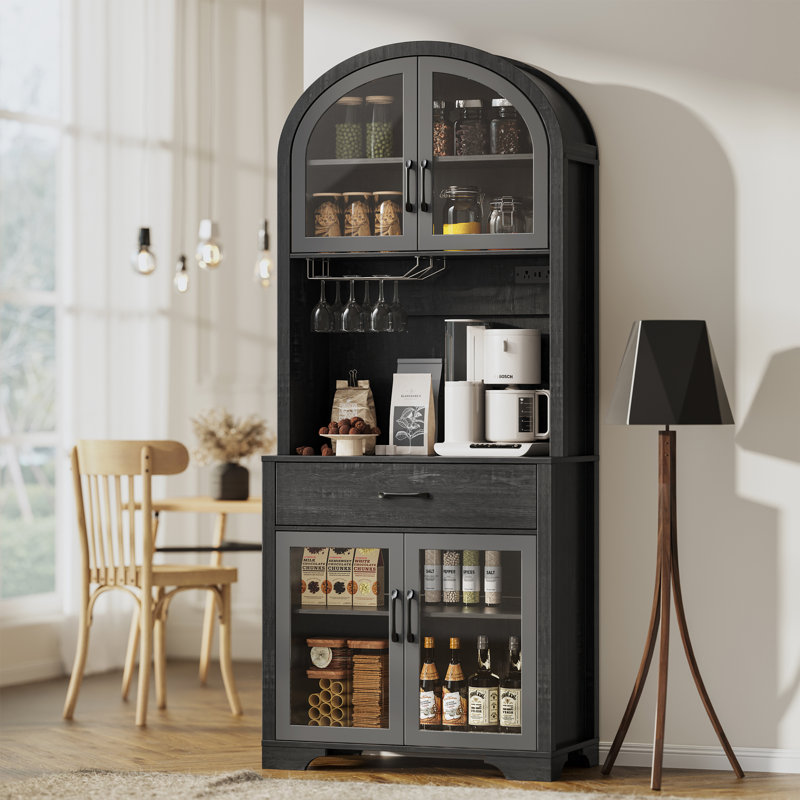 Huche de garde-manger 75 po avec portes et tablettes en verre arqué, garde-manger en bois pour la salle à manger, noir