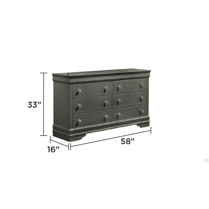 Commode 6 tiroirs en bois, Gris métallisé