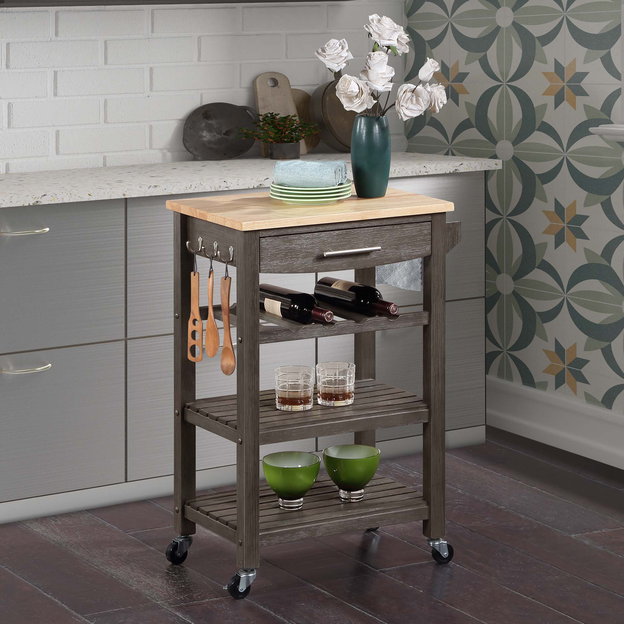 Lark Manor Michelle 4 Tier Butcher Block Kitchen Cart with Drawer and ...