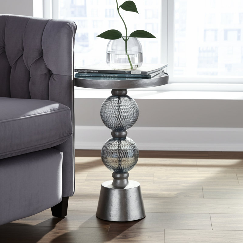 Modern Mirrored Top Side Table with Metal Base Contemporary Orb Accent Table, 22" H x 16" W x 16" D, Bronze/Sliver
