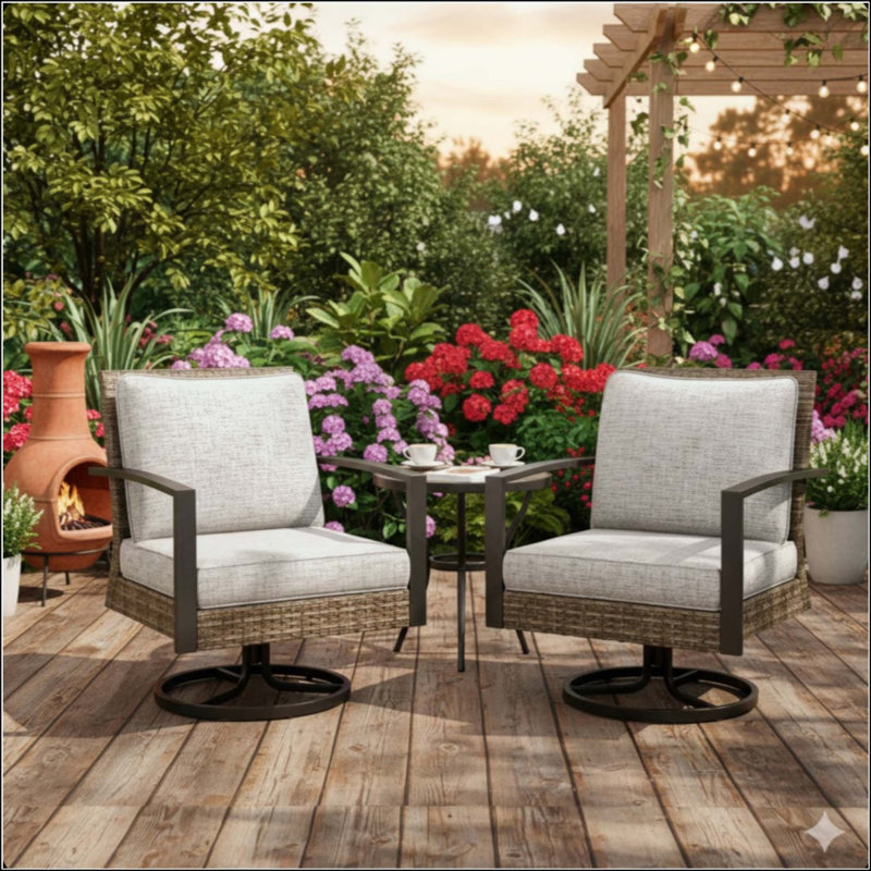 Ensemble de 2 chaises de patio berçantes pivotantes grises en rotin toutes saisons avec coussins