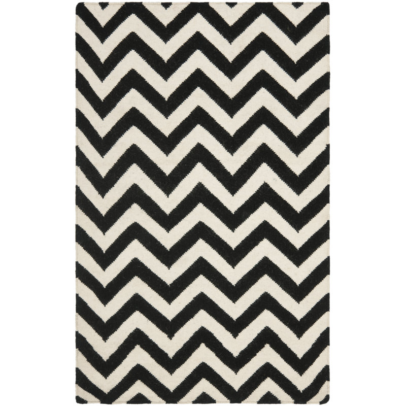 Rodgers Hand Woven Flat Weave Wool/Cotton Chevron Rug in Ivory/Black, Rectangle 3' x 5'