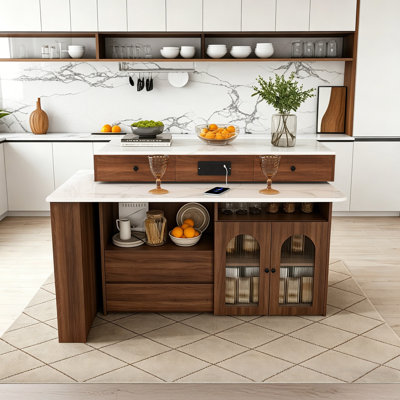 Îlot de cuisine avec table extensible, table de salle à manger extensible avec armoires à porte en verre avec prise intégrée, pour 2 à 4 personnes