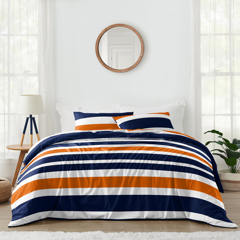 Stripe Comforter Set, Full/Queen Comforter + 2 Standard Shams, Navy Blue/Orange/White
