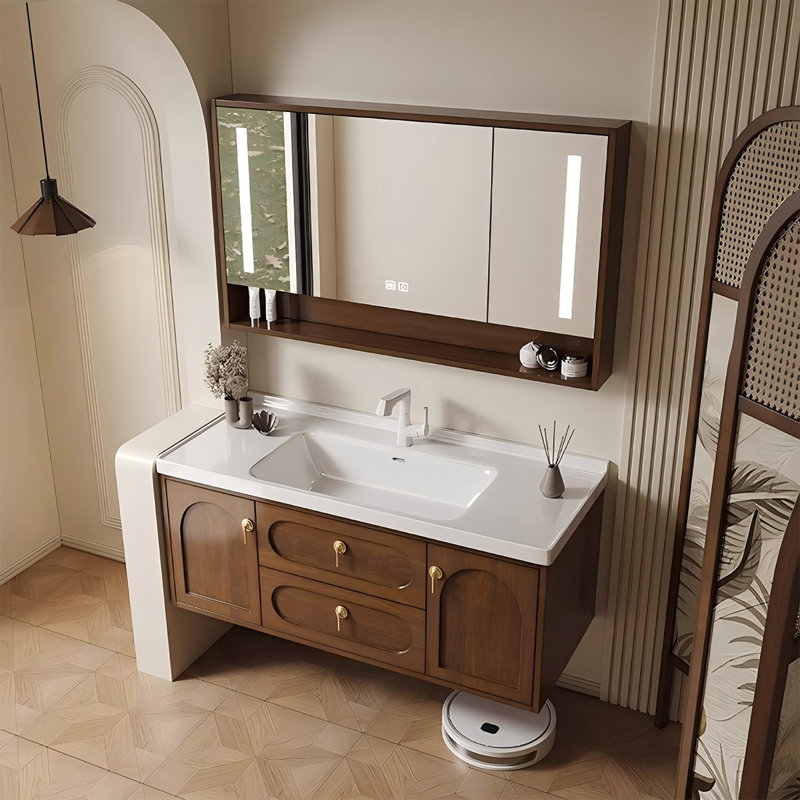 Meuble-lavabo autoportant 47,64 po en bois massif avec miroir, 47.64"