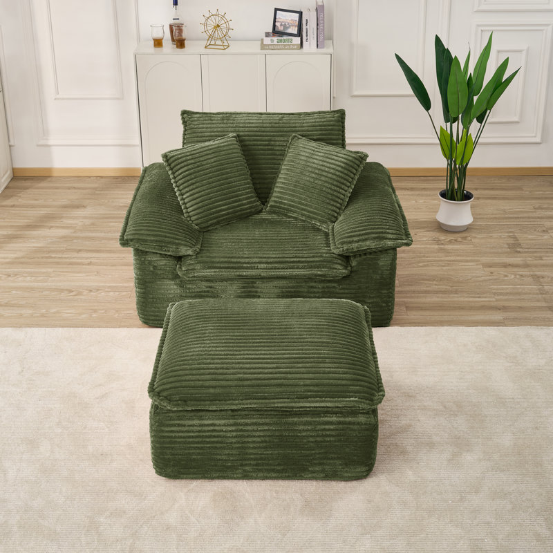 Chaise longue en velours côtelé avec repose-pieds Compression, sans assemblage, Green
