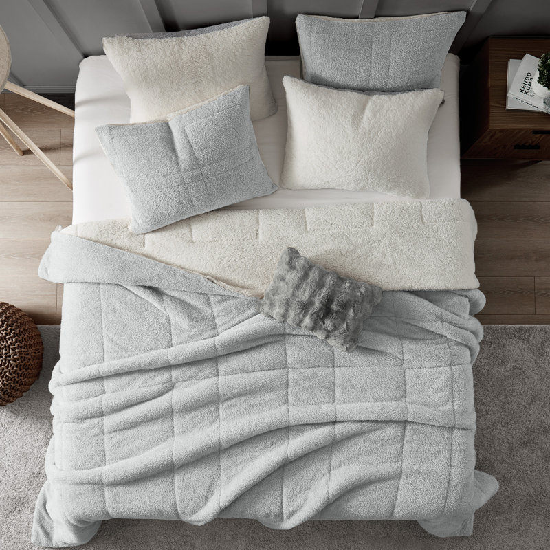 Wonderful 3 Pieces Quilted Teddy Fur Comforter Set, Light Gray, King Comforter + 2 Pillow Shams