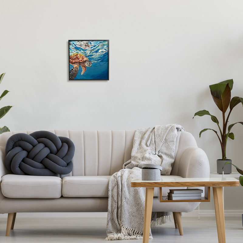 Tortue de mer nageant à la surface des vagues de l'océan par Stacy Gresell - peinture sur toile à cadre flottant