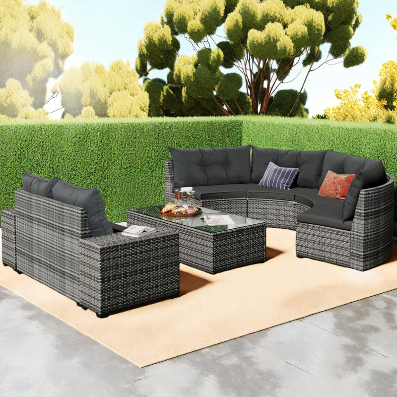 Ensemble de canapé modulaire en osier 8 pièces avec table basse et tables d'appoint 8 pièces, Gris