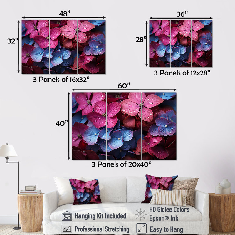 Ensemble de salon Neon Pink Hydrangea Harmony II - Hydrangea Wall Art, H 28 po x l 36 po x P 1 po, Toile tendue