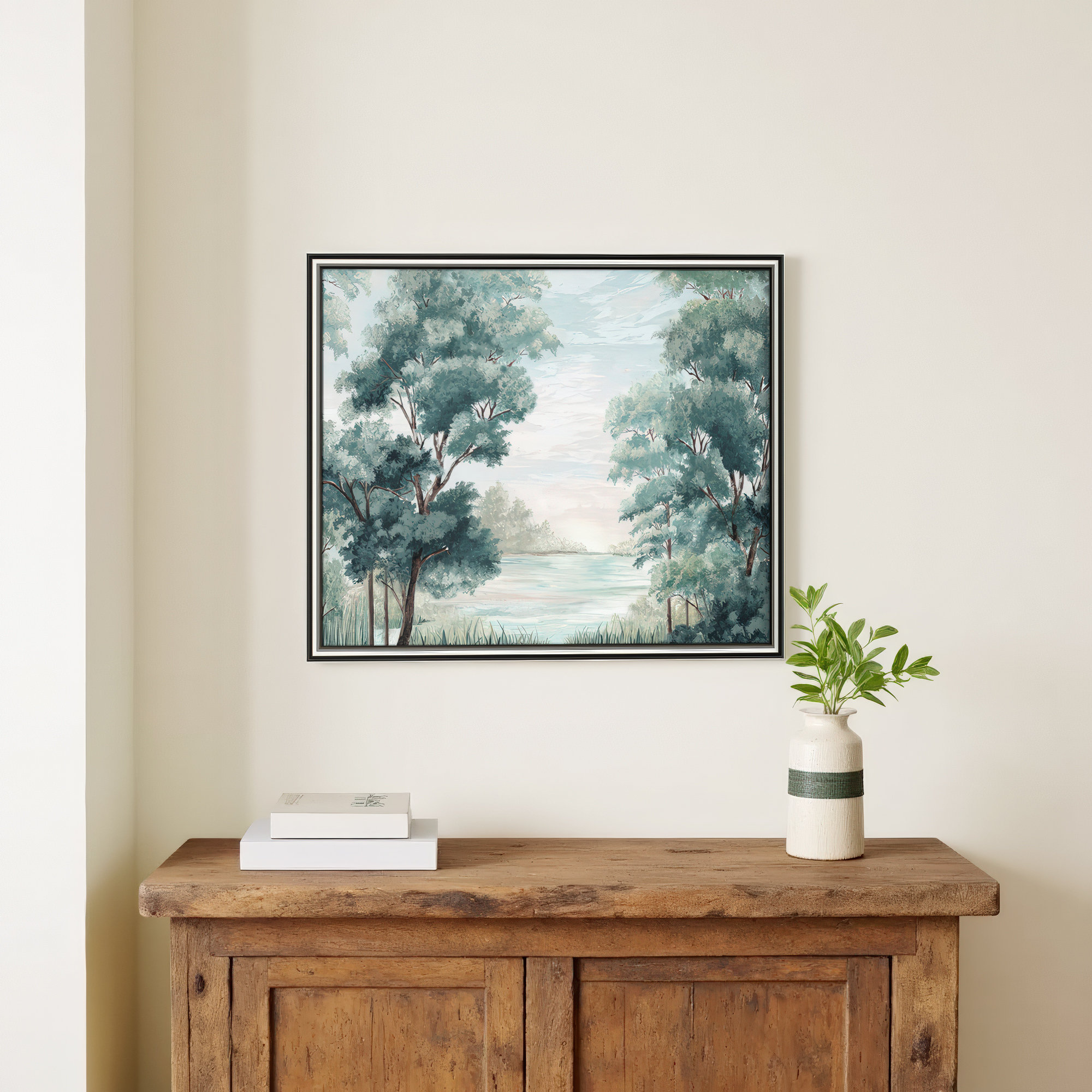 Calm Forest River, Silver Framed, 17.25" H x 20.25" W x 0.87" D