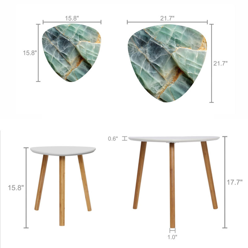 Ensemble de 2 tables basses gigognes triangulaires en marbre vert cristal et table de bout en pierre de quartz polie, Green