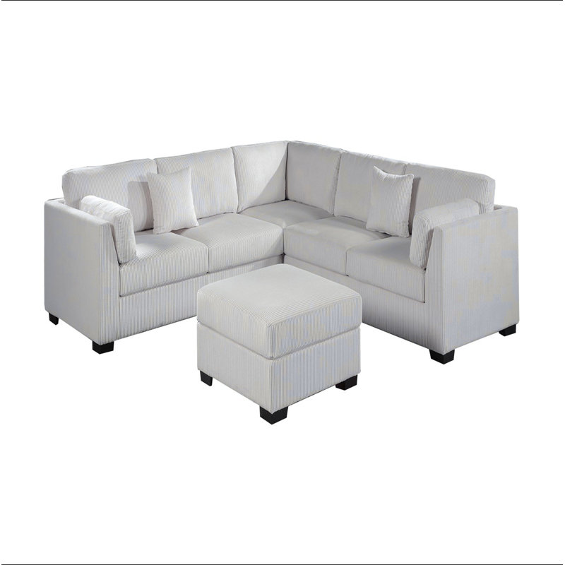 L-Sectional RAF/LAF One Arm-Loveseat Corner Wedge Cocktail Ottoman Beige Corduroy Upholstered Pillows 4Pc Sectional Sofa Set