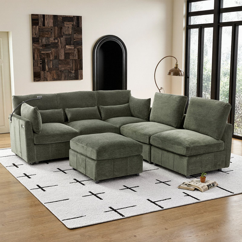 Canapé modulaire en chenille noir avec repose-pieds mobile et chargeur USB, Vert