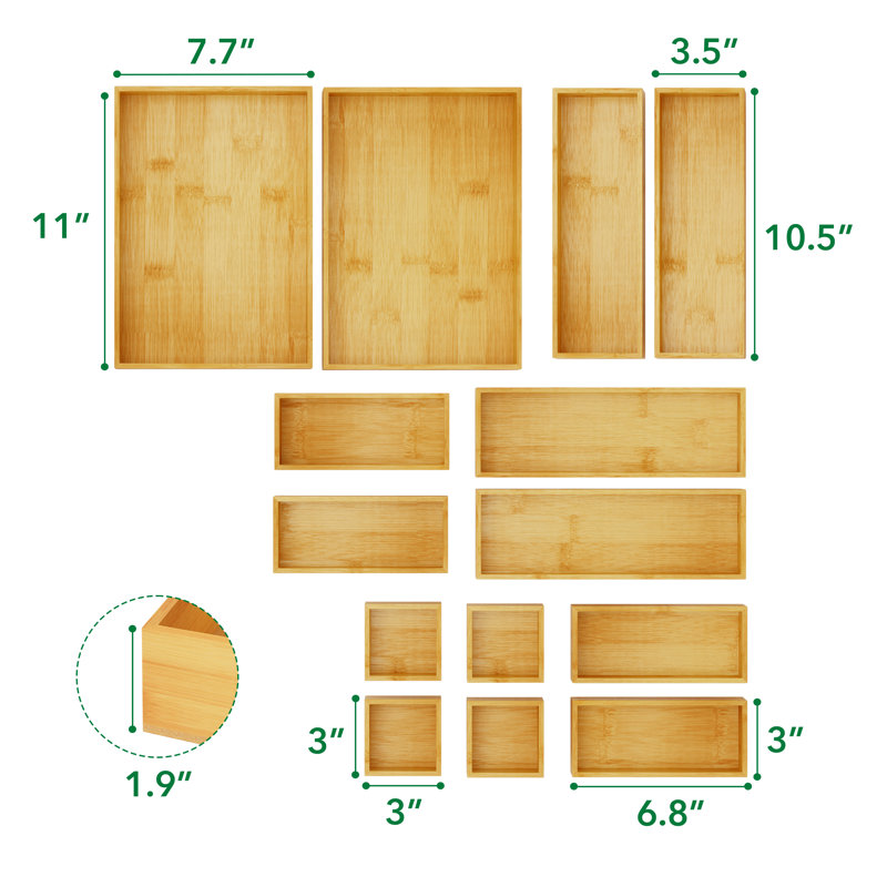 Ensemble de 14 tiroirs en bambou, bacs en bois multi-usages pour la cuisine, la salle de bain, le bureau et l'organisation de maquillage