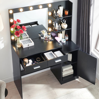 46.4In Vanity Desk With 3 Lighting Modes, Mirror, 2 Large Drawers, Level Dresser, Black, Vertical Organizer For Bedroom Setup Black 46.4In,