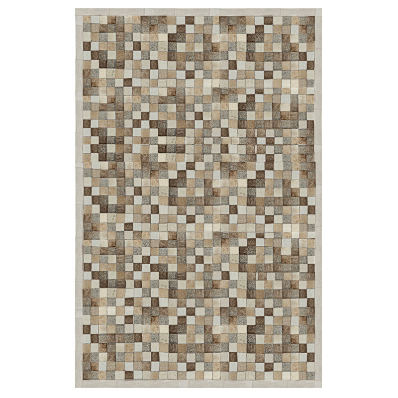 Tapis géométrique en cuir fabriqué à la main ivoire / gris / brun Hera, Rectangle de 10 pi x 14 pi