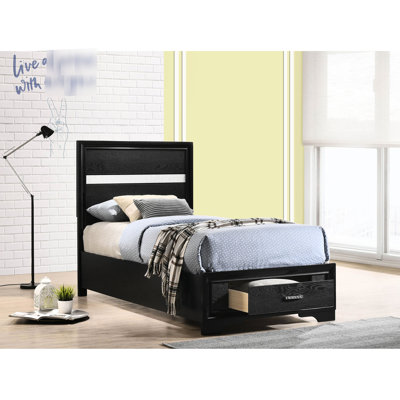 Black Twin Panel Bed With Drawers And Glitter Trim, Slatted Platform, Asian Hardwood Particle Board, 41.05 Inches Wide Laminate Finish, Engineered Wood Hardwood, 51.36 Tall