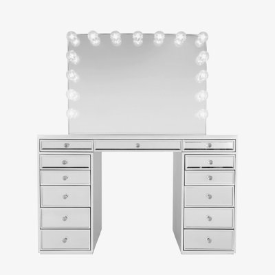 SlayStation Plus Premium Mirrored Vanity Table with Double Decker Drawers and Clear Glass Top