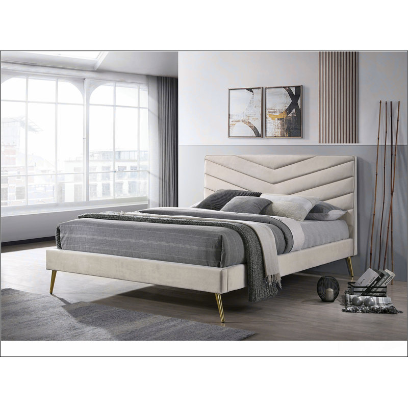 Lit simple en flanelle de style Mid-Century capitonné beige, Simple