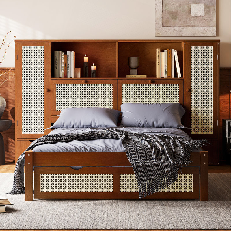 Lit simple en bois avec deux casiers de rangement, un tiroir et une tablette de rangement sur la tête de lit, lit plateforme multifonctionnel avec rotin naturel