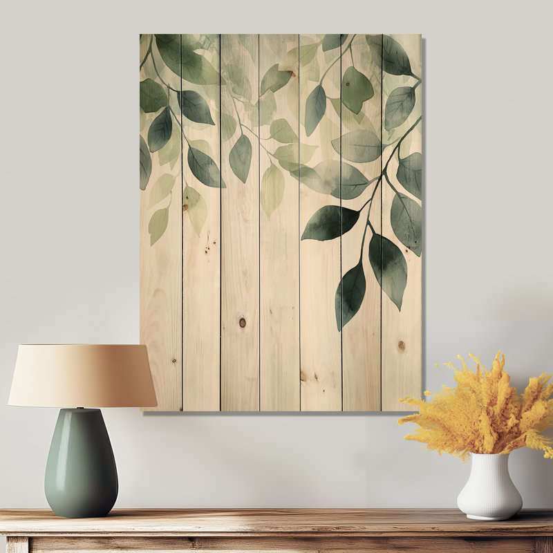 Plantes botaniques vertes minimalistes III - feuilles, art mural sur bois de pin naturel, H 40 po x l 30 po