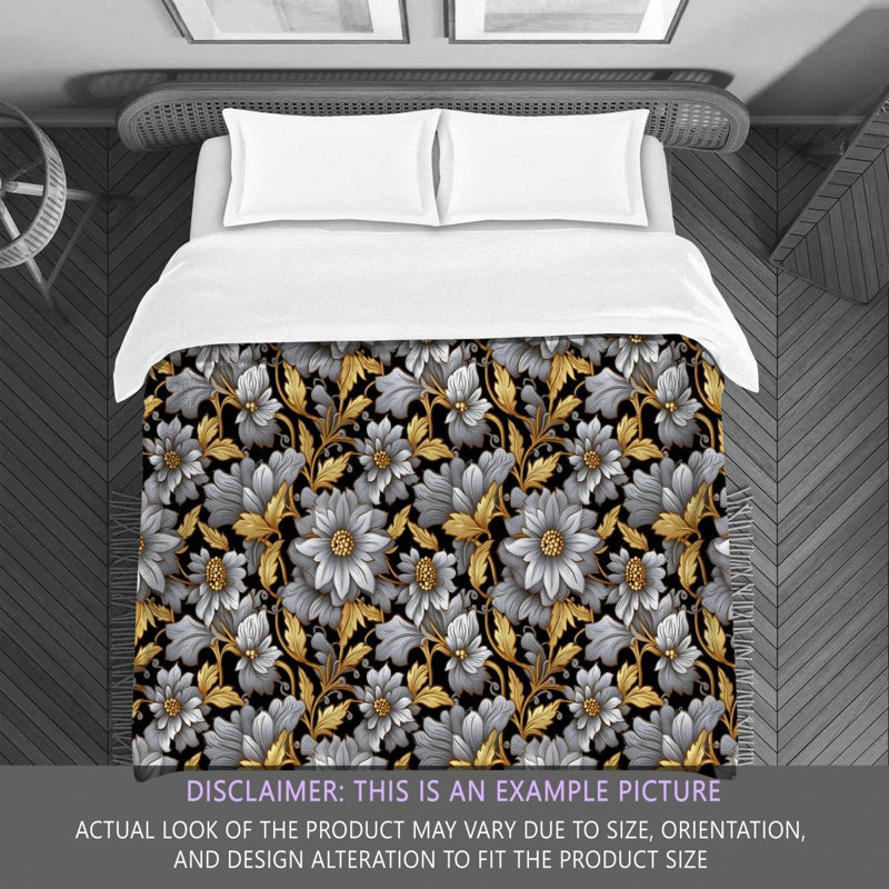 Machine Printed Comforter, King Comforter, Gold/Silver/Black Floral