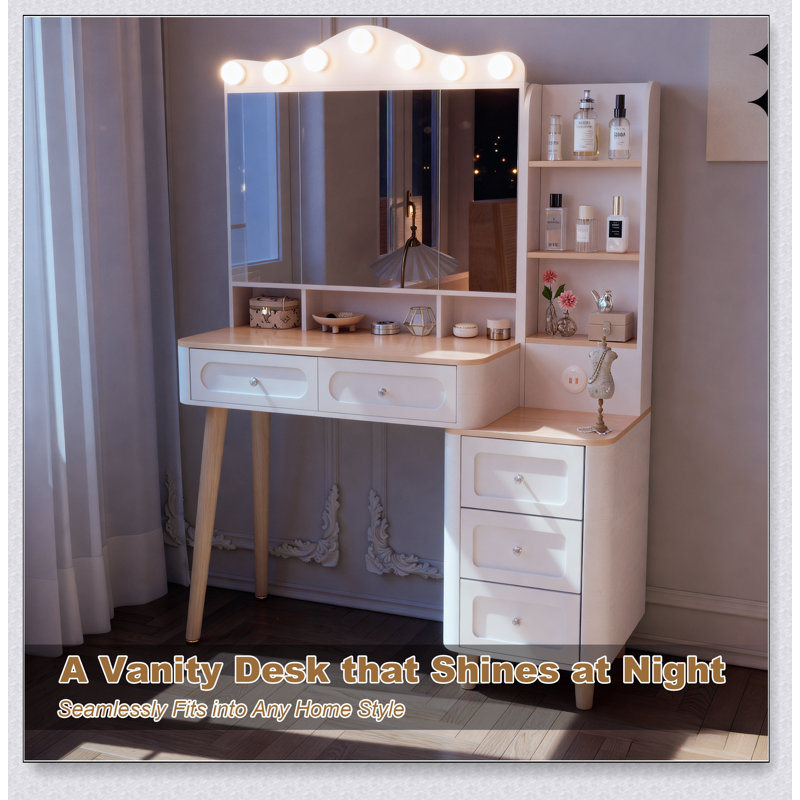 Bureau de coiffeuse avec miroir et lumières, coiffeuse de maquillage avec 2 ports USB, deux tiroirs, commode à trois tiroirs, 3 modes d'éclairage, miroir pliable à trois côtés