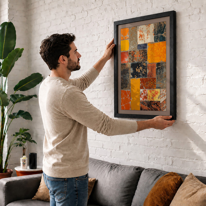 Weathered Tile Grid Industrial - Framed Print, Oak, A4 - 29.7 x 21.0 cm