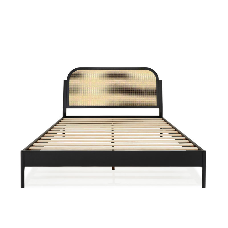 Beiro Solid Wood Rattan Platform Bed with Headboard