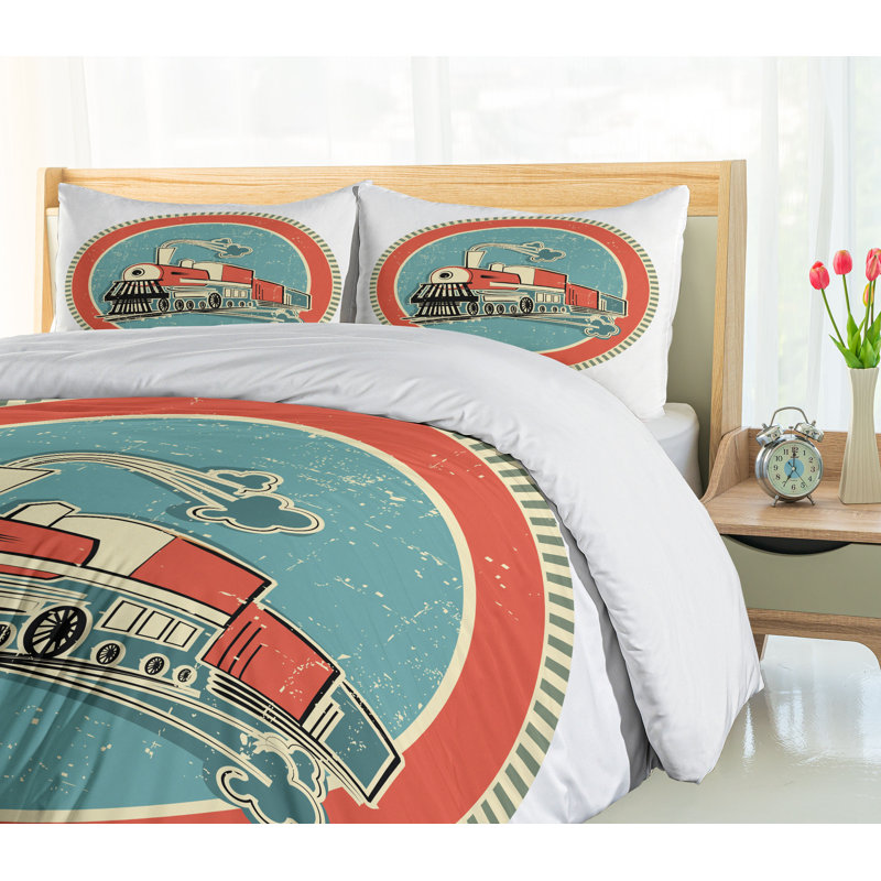 Vintage Turquoise and Salmon Train Duvet Cover Set, Queen Size