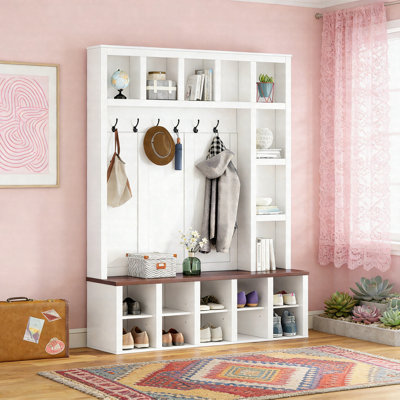 Farmhouse Wooden Hall Tree With Storage Bench, 6 Hooks Entryway Shoe Cabinet With Adjustable Shelves And Open Cubbies