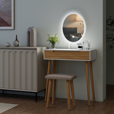 Angeligue Vanity Table Set with Adjustable Brightness Mirror and Cushioned Stool