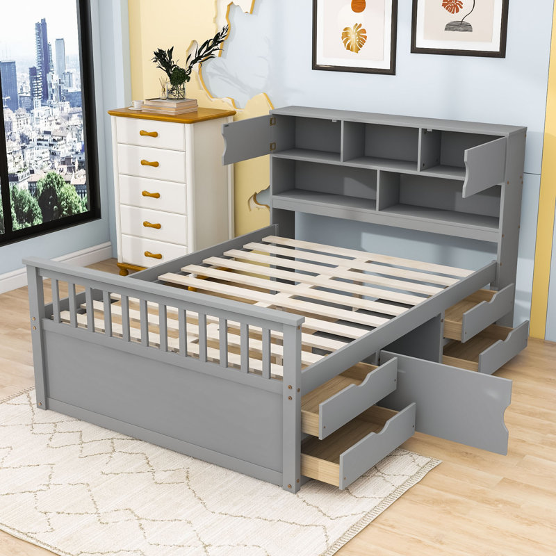 Lit plateforme double en bois avec 4 tiroirs et tablettes, gris