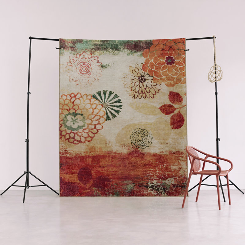 Green-Red Themed Multi-Colored Powder Flower Patterned Creative Modern Decorative Rug, Rectangle 3'9" x 4'11"
